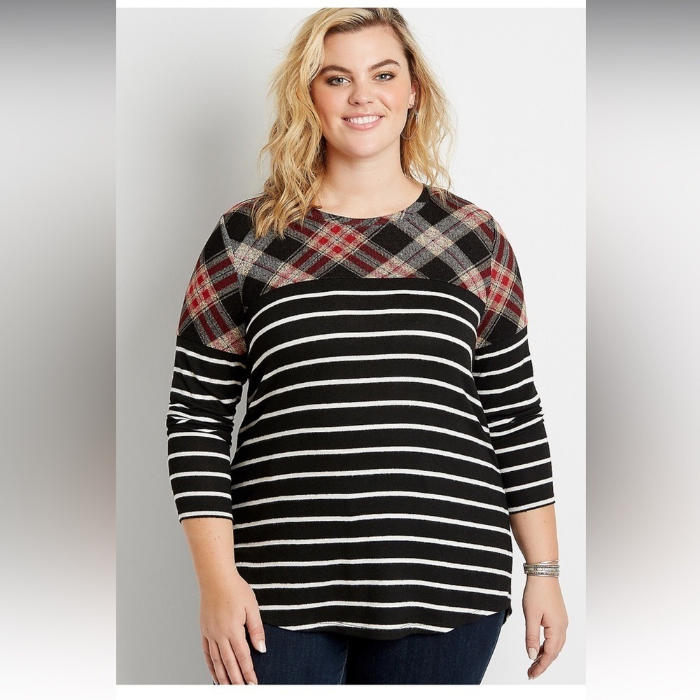 24/7 Maurices Plaid Stripe‎ Long Sleeve Tunic Top Plus Size 1X